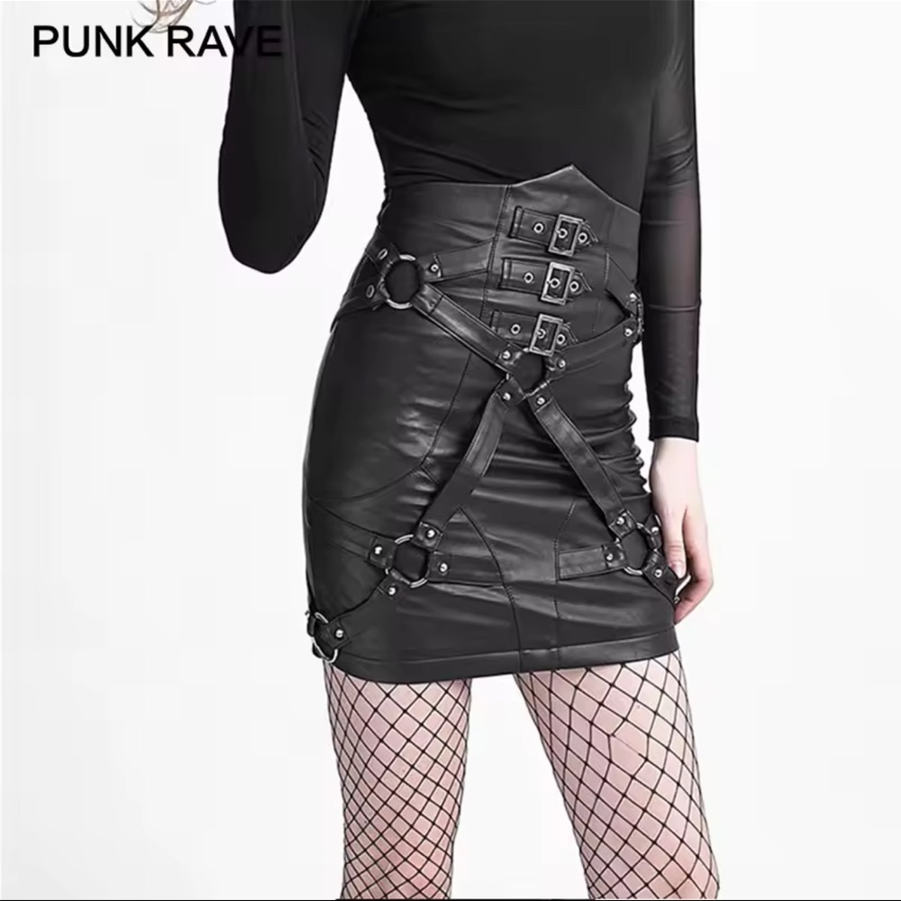 PUNK RAVE Punk Rave Gothic Cryptocracy Skirt Black Harness Mini Skirt: Small